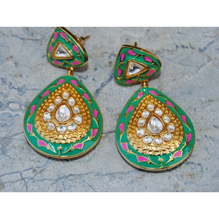 Green Enamel Polki Diamond Dangler Earrings